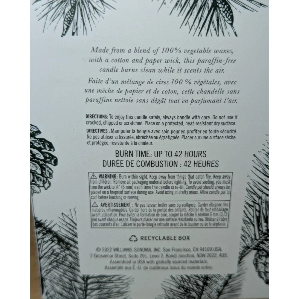 NEW Williams Sonoma Winter Forest Wax Candle Premium Natural Essential Oils 9 Oz